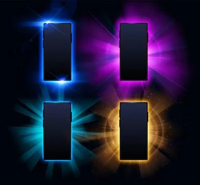 Vector set of blank mobile phone screens on glowing neon bright rays background. Stock Illustration