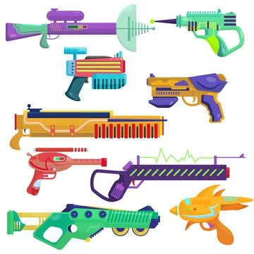 Vector set of blasters. Bright blasters in a cartoon style. Colorful weapons Stock Illustration