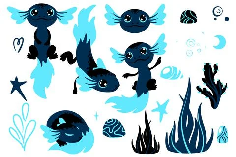 Vector set with blue black axolotls, seaweed, rocks, bubbles, stars for children Stock Illustration