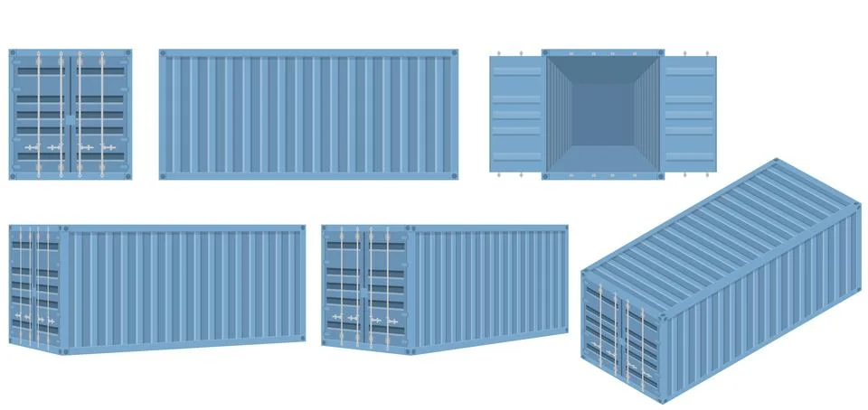 Vector set of blue cargo shipping containers in different perspectives. Cle.. Stock Illustration