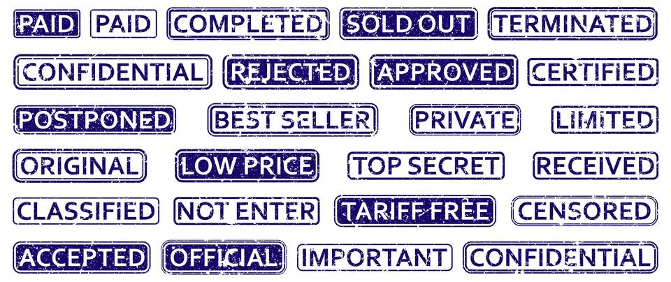 Vector set of blue rubber stamp labels with worn texture and common office .. Illustrazione stock