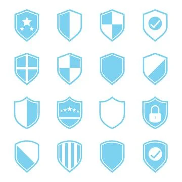 Vector set of blue shield icons in minimalist flat styles for security Stock Illustration