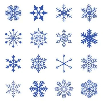 Vector set of blue simple snowflakes on white background. Stock Illustration