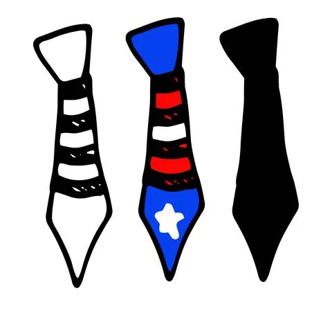 Vector set of blue tie with red and white stripes and a white star, hand-drawn Stock Illustration