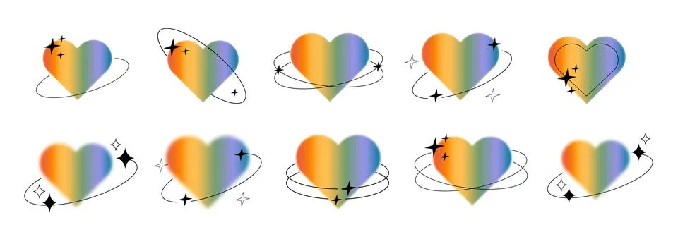 Vector set of blurry rainbow colored heart aura aesthetic element with linear Stock Illustration