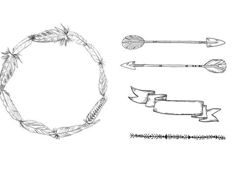Vector set of boho elements. Vector illustration with feathers, arrow and ribbon Illustrazione stock