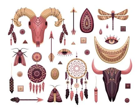 Vector set of boho illustrations. Flat style. Dreamcathers, animal skull, fea Stock-Illustration