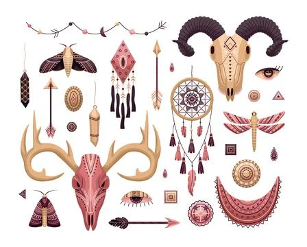 Vector set of boho illustrations. Flat style. Dreamcathers, animal skull, fea Stock Illustration