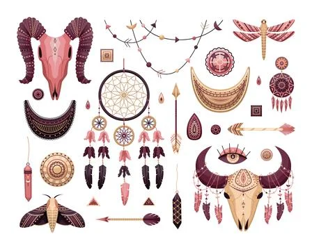 Vector set of boho illustrations. Flat style. Dreamcathers, animal skull, fea Stock Illustration