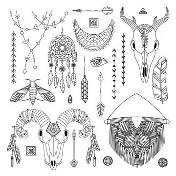 Vector set of boho illustrations. Line art. Dreamcathers, animal skull, feath Illustrazione stock