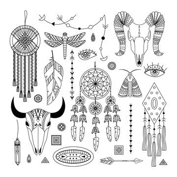 Vector set of boho illustrations. Line art. Dreamcathers, animal skull, feath 스톡 일러스트