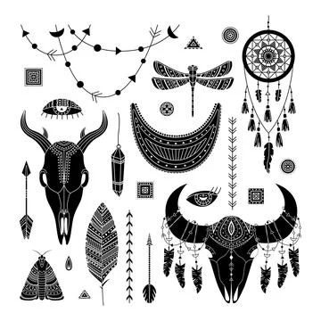 Vector set of boho illustrations. Simple style. Dreamcathers, animal skull Stock Illustration