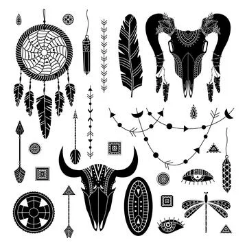 Vector set of boho illustrations. Simple style. Dreamcathers, animal skull, f Illustrazione stock