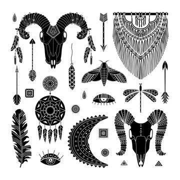 Vector set of boho illustrations. Simple style. Dreamcathers, animal skull, f イラスト素材