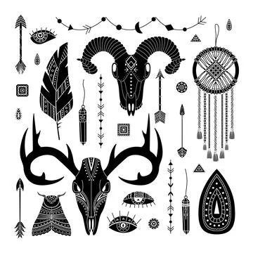 Vector set of boho illustrations. Simple style. Dreamcathers, animal skull, f Stock Illustration