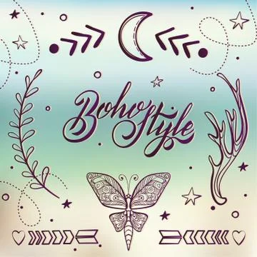 Vector Set of Boho Style Elements. Lettering Calligraphy text. T Illustrazione stock