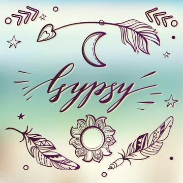 Vector Set of Boho Style Elements, Lettering Calligraphy text. T イラスト素材