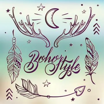 Vector Set of Boho Style Elements, Lettering Calligraphy text. T Illustrazione stock