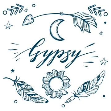 Vector Set of Boho Style Elements, Lettering Calligraphy text. T Illustrazione stock