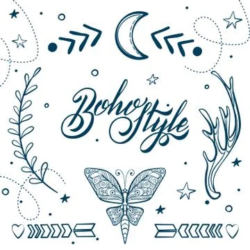 Vector Set of Boho Style Elements, Lettering Calligraphy text. T Stock Illustration