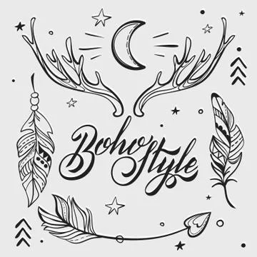 Vector Set of Boho Style Elements. Lettering Calligraphy text. T イラスト素材