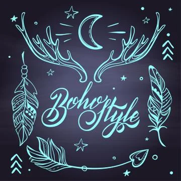 Vector Set of Boho Style Elements Lettering Calligraphy text. Ta Illustrazione stock