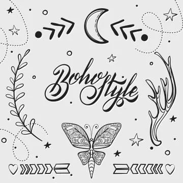 Vector Set of Boho Style Elements. Lettering Calligraphy text. T Illustrazione stock