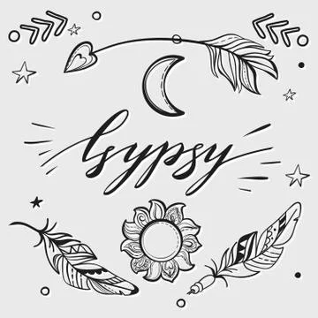 Vector Set of Boho Style Elements Lettering Calligraphy text. Ta Illustrazione stock