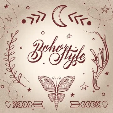 Vector Set of Boho Style Elements Lettering Calligraphy text. Ta Illustrazione stock