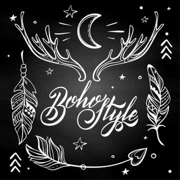 Vector Set of Boho Style Elements Lettering Calligraphy text. Ta Stock Illustration