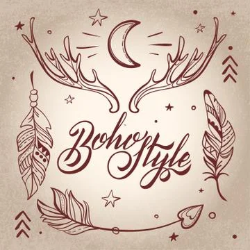 Vector Set of Boho Style Elements Lettering Calligraphy text. Ta イラスト素材