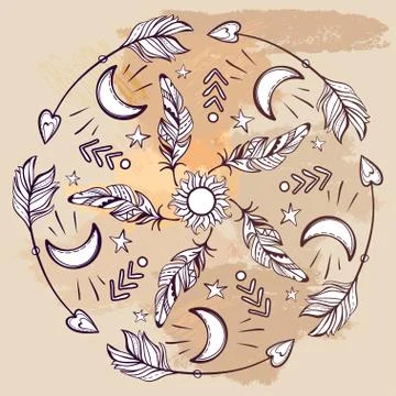 Vector Set of Boho Style Elements.Trendy hand drawn tribal Gypsy Illustrazione stock