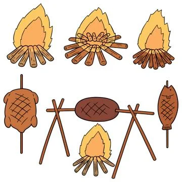 Vector set of bonfire and grilled food Stock Illustration