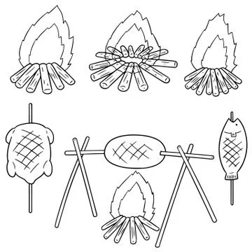 Vector set of bonfire and grilled food Stock Illustration