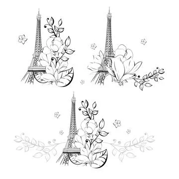 Vector set border Eiffel Tower and flower. Magnolia springtime romantic in Paris Illustrazione stock