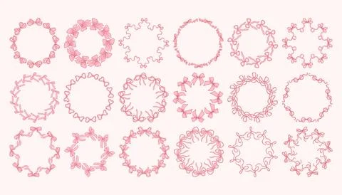 Vector set of bow wreath frames in delicate pink line art. Whimsical bow set Stock-Illustration