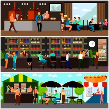 Vector set of brewery and beer restaurant interior concept banners. Visitors Illustrazione stock