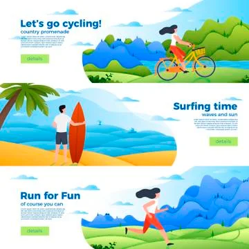 Vector set of bright banner templates with bike, surfing and running Stock Illustration