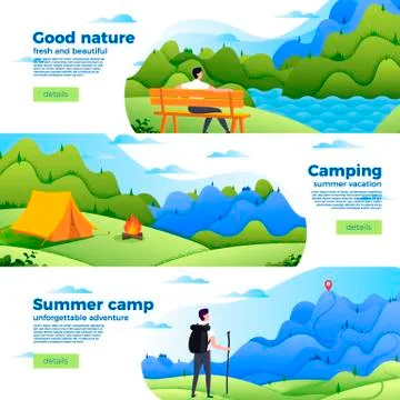 Vector set of bright banner templates with park, camp and mountain hike Stock Illustration