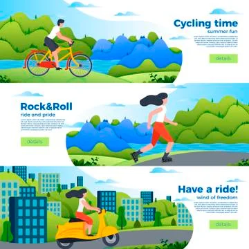 Vector set of bright banner templates with bike, roller and motorbike Stock Illustration