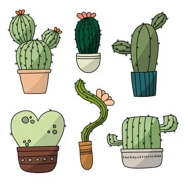 Vector set of bright cactus. Cactus with flowers. Stock Illustration