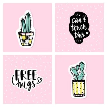 Vector set of bright cards with cactus and positive phrases. Doodle style. Illustrazione stock