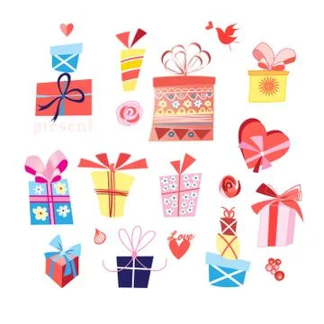 Vector set of bright gifts in boxes Illustrazione stock