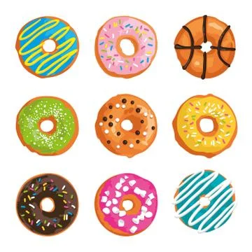 Vector set with bright glazed sweet donuts Stock Illustration
