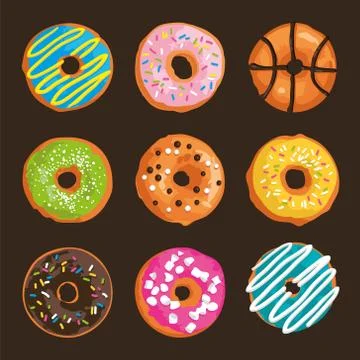 Vector set with bright glazed sweet donuts Stock Illustration