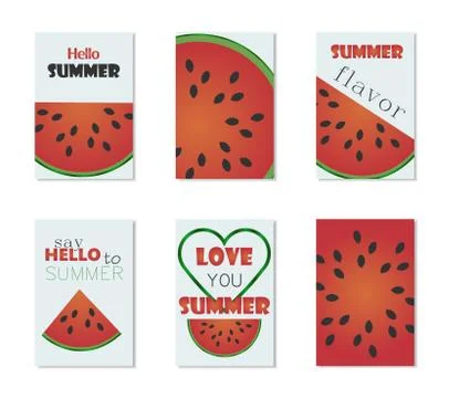 Vector set of bright summer cards. Beautiful summer posters with  watermelon. Stock Illustration