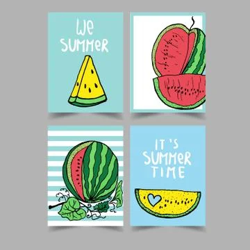 Vector set of bright summer cards. Beautiful summer posters with watermelon Stock Illustration