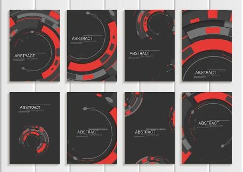 Vector set of brochures in abstract style with red shapes on dark background Stock Illustration