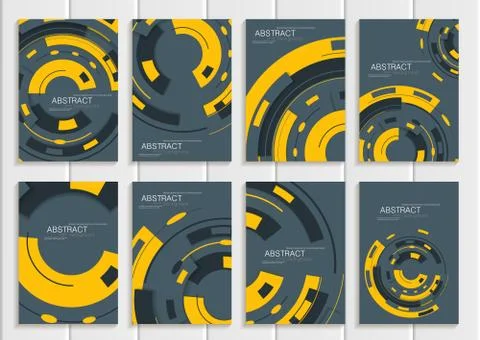 Vector set of brochures in abstract style with yellow shapes on gray background Stock Illustration