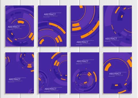 Vector set of brochures in abstract style with yellow shapes on purple Ilustração Stock